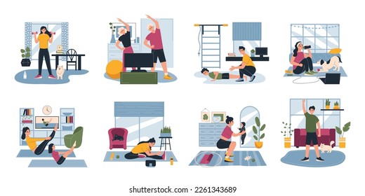 Conjunto de entrenamiento residencial de ocho composiciones con caracteres humanos planos interiores y ejercicios de caracteres humanos ilustración vectorial