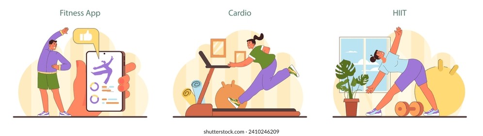 Home Workout set. Fitness enthusiasts engage with a fitness app, participate in cardio routines, and perform HIIT for a comprehensive home exercise experience. Flat vector illustration.