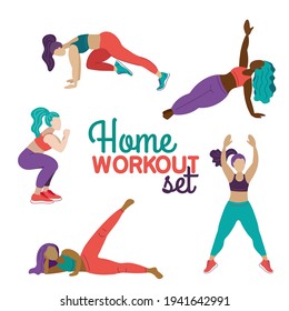 Home workout set. Five different girls training at home. Flat and line trendy vector illustration. Basic exercises set. Side plank, mountain clumbers, squats, jumping jacks, leg lift