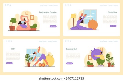 Home Workout set. Illustrations show a variety of home exercises like bodyweight routines, stretching, high-intensity intervals, and stability ball workouts for fitness diversity. vector illustration.