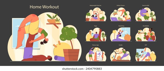 Home Workout set. Indoor fitness routine variety. Engaging in yoga, stretching, and strength training. Interactive digital training through an app. Flat vector illustration.