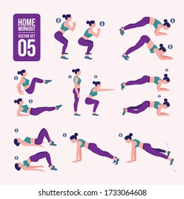 home workout set. Set of sport exercises. Exercises with free weight.Illustration of an active lifestyle. Woman doing fitness and yoga exercises