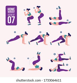 home workout set. Set of sport exercises. Exercises with free weight.Illustration of an active lifestyle. Woman doing fitness and yoga exercises