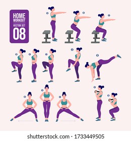 home workout set. Set of sport exercises. Exercises with free weight.Illustration of an active lifestyle. Woman doing fitness and yoga exercises