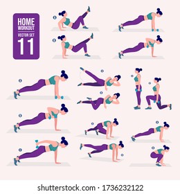 home workout set. Set of sport exercises. Exercises with free weight.Illustration of an active lifestyle. Woman doing fitness and yoga exercises