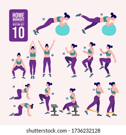 home workout set. Set of sport exercises. Exercises with free weight.Illustration of an active lifestyle. Woman doing fitness and yoga exercises