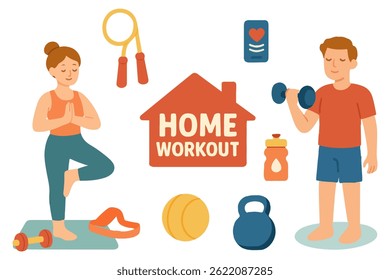 Home workout set vector illustration in trendy flat style with man and woman doing fitness exercises. Includes dumbbells, jump rope, water bottle, smartphone and motivational elements.