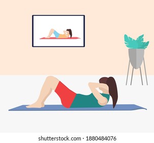home workout sports at home.the girl shakes her abs and watches a program on TV about training.sports activities in quarantine vector illustration in the style of flat.