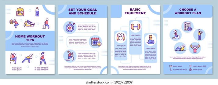 Home workout tips brochure template. Set your goal and schedule. Flyer, booklet, leaflet print, cover design with linear icons. Vector layouts for magazines, annual reports, advertising posters