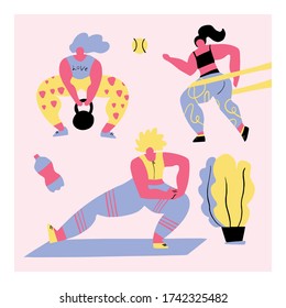 Home workout training. Hand drawn. Flat illustration. Deadlift, side lunges, fitness elastic