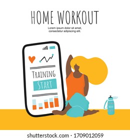 Tarjeta vectorial de entrenamiento doméstico. Jóvenes entrenando en casa. Ejercicios de entrenamiento online por teléfono grande. Carácter moderno de estilo plano. Hobby deportivo para una vida saludable. Ilustración