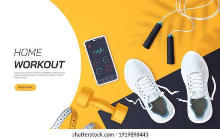 Home workout vector illustration. Flat lay composition with white sports sneakers, dumbbells,skipping rope and measuring tape. Fitness and training at home. Healthy lifestyle. Realistic 3d style. - Shutterstock ID 1919898443