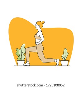 Home workout vector illustration. Linear character - young woman wearing leggings and sport top making exercises at home during quarantine time. Fitness, healthy lifestyle concepts.