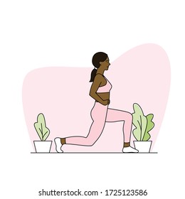 Home workout vector illustration. Linear character - young ethnic woman wearing leggings and sport top making exercises at home during quarantine time. Fitness, healthy lifestyle concepts.