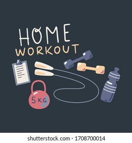 Home workout vector illustration with sport equipment. Home activity while isolation period. Flat vector cartoon illustration isolated on blue background. Isolation concept, health care