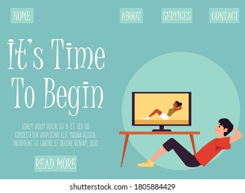 Home workout with video tutorial - sport website banner template. Cartoon man watching and following online fitness coach instructions, vector illustration.