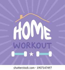 home workout with weights on purple background design of covid 19 virus lettering message theme Vector illustration