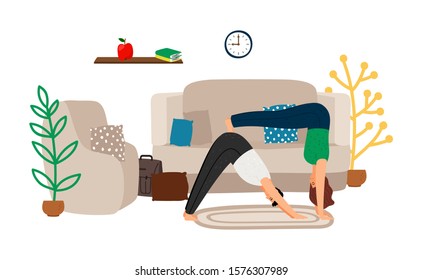 Home workout. Young couple doing yoga at home. Sports exercises and stretching, pair yoga vector concept