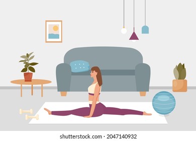 Home workout. Young cute woman doing stretching exercises. Vector illustration in flat cartoon style.