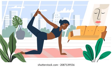 Home Workouts exercising woman. Fitness character training healthy living.