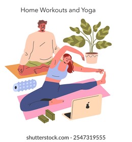 Ejercicios en casa e ilustración de sesión de yoga con la pareja haciendo ejercicio y siguiendo la clase en línea. Comodidad de la rutina de ejercicios en interiores. Ilustración vectorial.