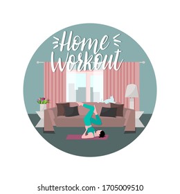 Entrenamiento en casa.Ilustración vectorial en un estilo plano con la imagen de un interior en casa, una chica haciendo yoga, un gato en el sofá. Inscripción de letras.