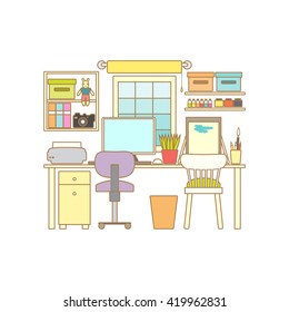 Home Workplace. Cabinet interior. Workspace with desktop computer. Vector line illustration.