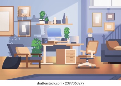 Home workplace with computer and chair. Home studio interior flat vector illustration