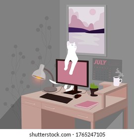 Home workplace. Computer code, steaming cup of coffee, keyboard and mouse on the table. White cat on the desktop. Painting and calendar on the wall.