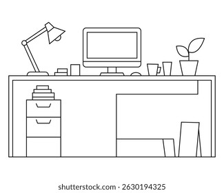 Home workplace with computer and lamp line icon, Modern office workspace for interior design, Workspace interior with desk and lamp