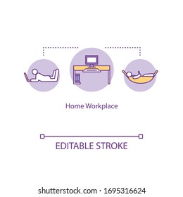 Startseite Arbeitsplatz Konzept Symbol. Arbeiten Sie drinnen. Remote-Job für Freiberufler. Bleib zu Hause und arbeite. Dünnschichtgrafik für Quarantänemessungen. Vektorillustration einzeln Umriss RGB Farbzeichnung. Bearbeitbarer Hub