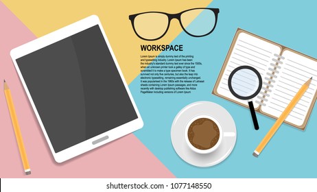 Home workplace concept for webmaster. Colored table surface with smartphone, coffee cup and other accessories.