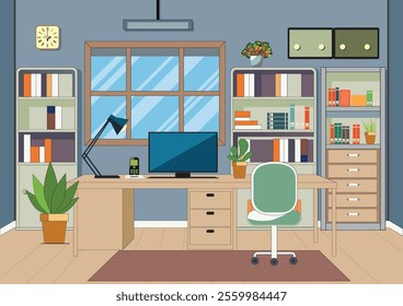 Home workplace decor at wooden table, shelves and chair with modern computer and desk in room.Concept of contemporary workplace, Home office interior vector illustration.
