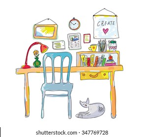 Home workplace for designer sketch - interior hand drawn vector illustration