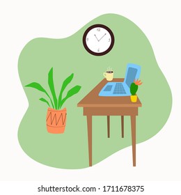 Home workplace: desk with laptop, flowers and wall clock. Office of a freelancer, schoolchildren or student. Hand drawn simple flat. Stock vector illustration isolated on white background.