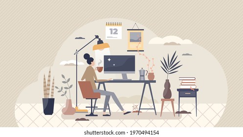 Home Workplace And Distant Office In Room As Workspace Tiny Person Concept. Isolation And Distancing From Company And Work With Remote Workstation Vector Illustration. Freelance Job Process Scene.