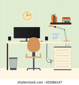 The home workplace. Flat style. Working space for freelancers. Workspace. The monitor on the table. Books on the shelf. The chair and table. The modern interior. Vector illustration.