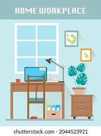 Home workplace flat vector design. Workspace for freelancer and home work. Vector illustration.