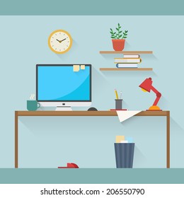 Home workplace flat vector design. Workspace for freelancer and home work.