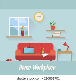 Home workplace flat vector design. Workspace for freelancer and home work.