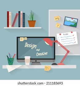 Home workplace flat vector design. Workspace for freelancer and home work.