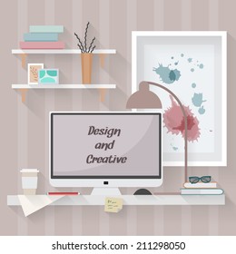 Home workplace flat vector design. Workspace for freelancer and home work.