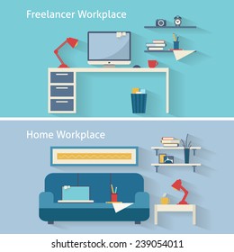 Home workplace flat vector design. Workspace for freelancer and home work. Flat style vector illustration.