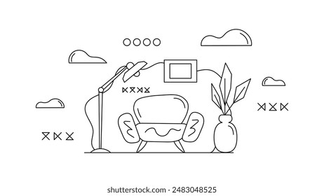 Lugar de trabajo doméstico. Sofá de la casa. Libro para colorear. Concepto de organización freelancer. Mejora del flujo de trabajo doméstico. Abstractas concepto de esquema de negocio de Vector. Ventajas del trabajo remoto, limitaciones y flujo de trabajo.