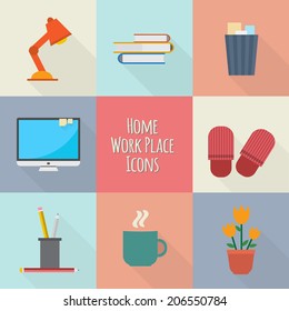 Home workplace icons set. Workspace for freelancer and home work. Flat vector design.