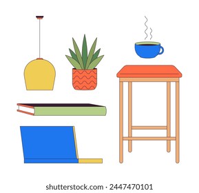 Home workplace interior details 2D linear cartoon objects set. Domestic atmosphere isolated line vector elements white background. House design supplies color flat spot illustration collection