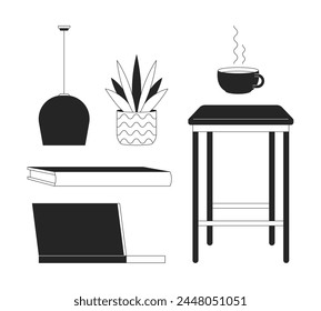 Detalles interiores del lugar de trabajo en casa blanco y negro 2D línea de objetos de dibujos animados conjunto. Atmósfera doméstica aislado Vector contorno artículos colección. El diseño de la casa suministra ilustraciones de punto plano monocromáticas