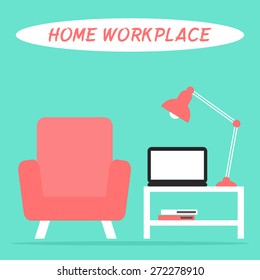 Home workplace in the living room interior with laptop, lamp, armchair and table. Flat style vector illustration. 