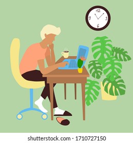 Home workplace: a man sitting at a table with a laptop; flowers and a wall clock. Freelancer at work or student at home schooling.  Stock vector simple flat illustration isolated on white background.