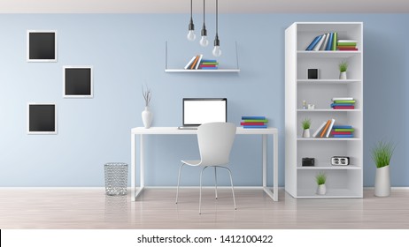 Home workplace, modern office room sunny, minimalistic style interior in pastel colors realistic vector with white furniture, laptop on desk, rack and bookshelves, photo frames on wall illustration